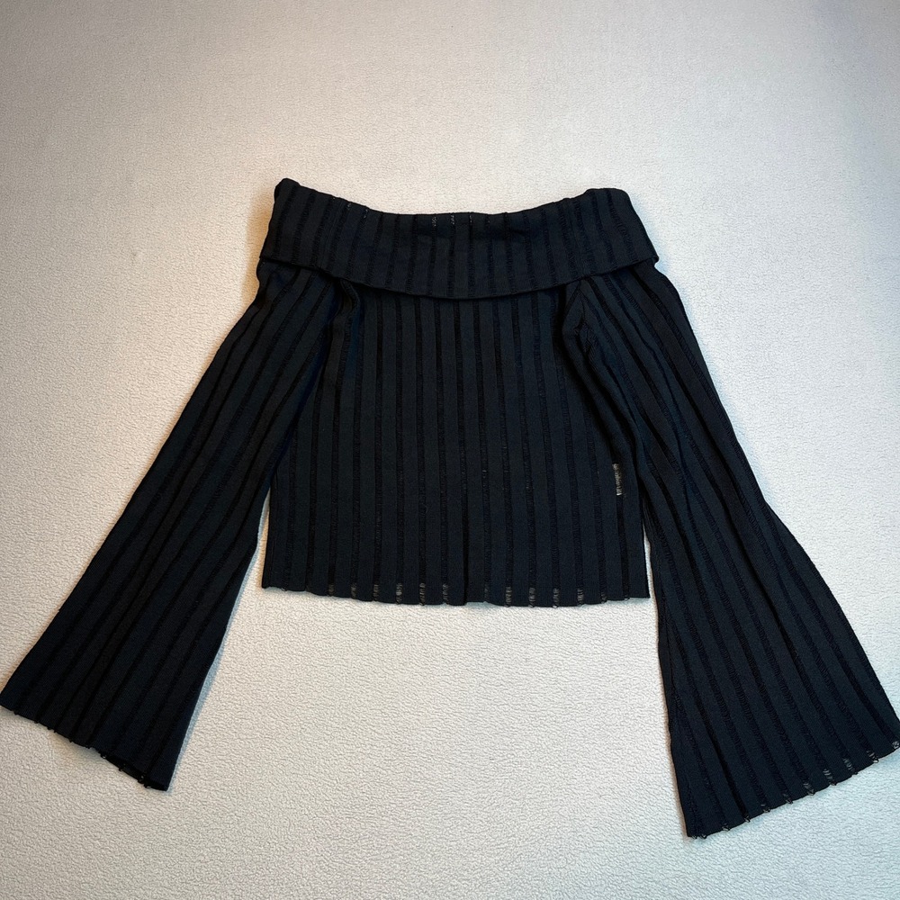 Princess Polly Black Off The Shoulder Ladder Knit Bell Sleeve Top S/M